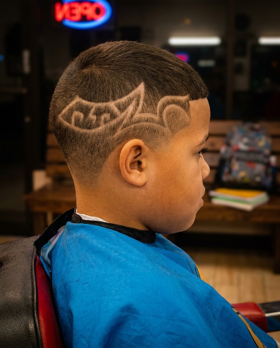 Boy with a fresh design haircut ready for the first day of school