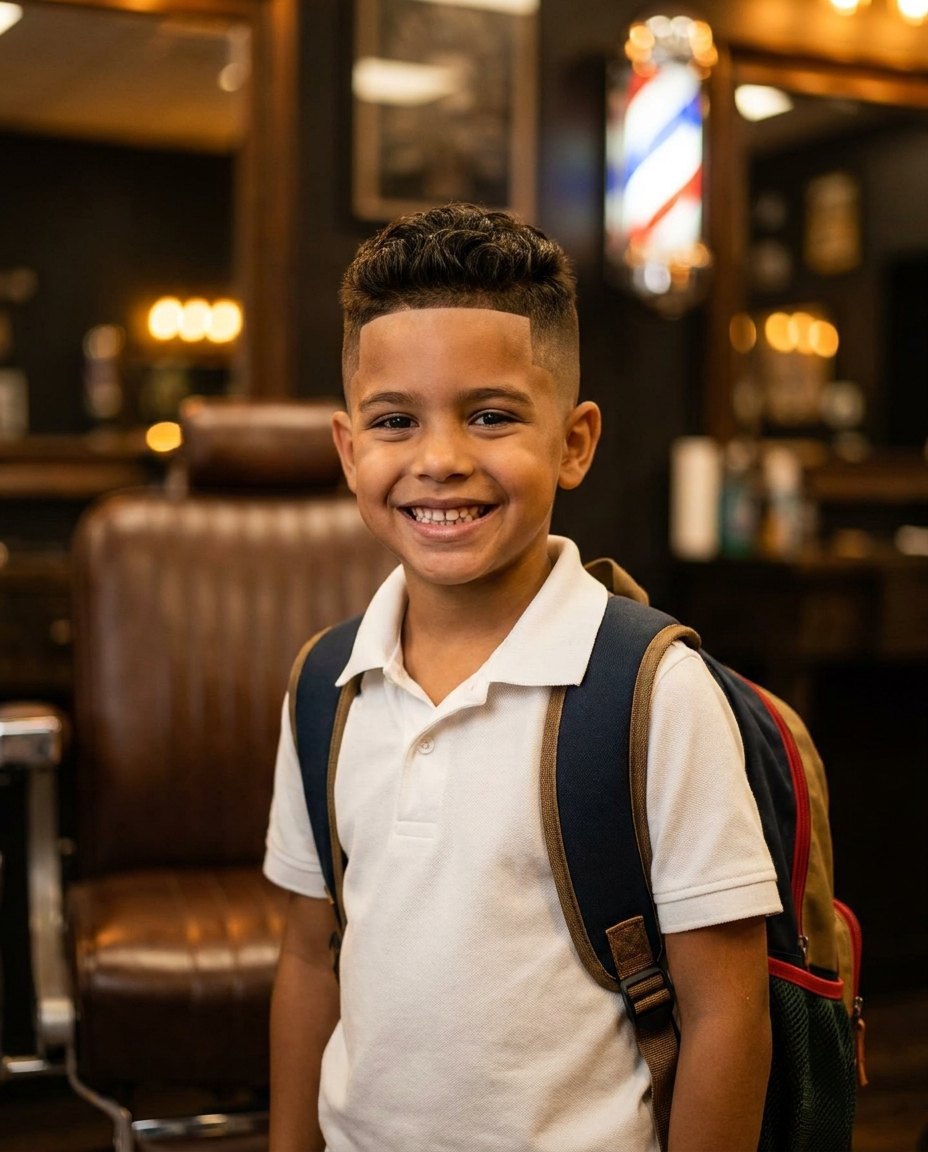Happy young student with a fresh haircut and his backpack, ready for the first day of school